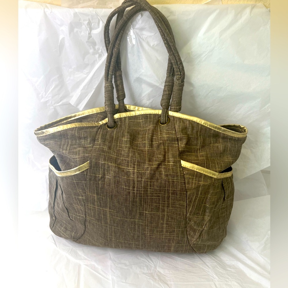 Murval Large Tote Shoulder Bag With Brown and  Gold Woven Pockets